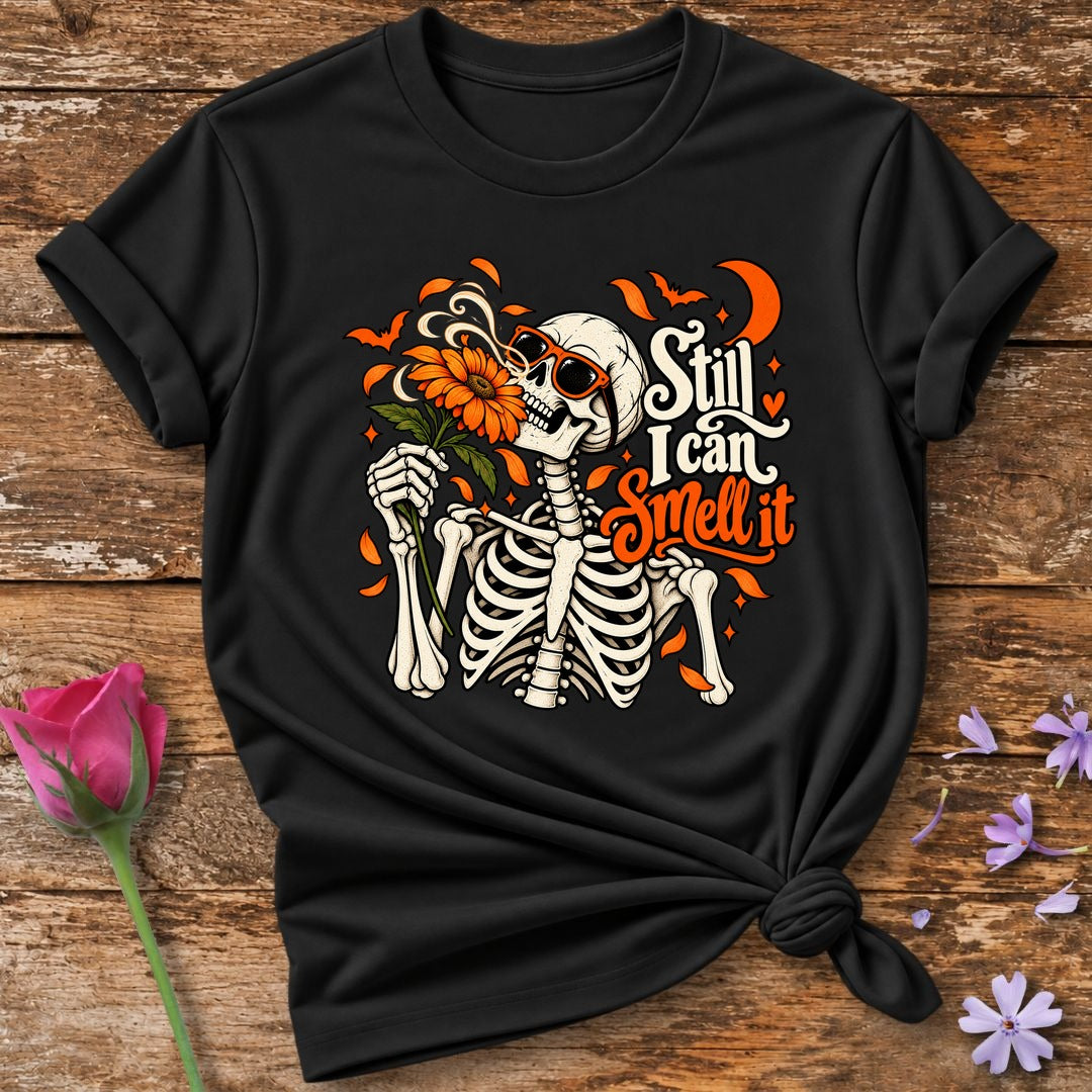 Still I Can Smell It — Halloween Skeleton Floral T-Shirt for Women in Black