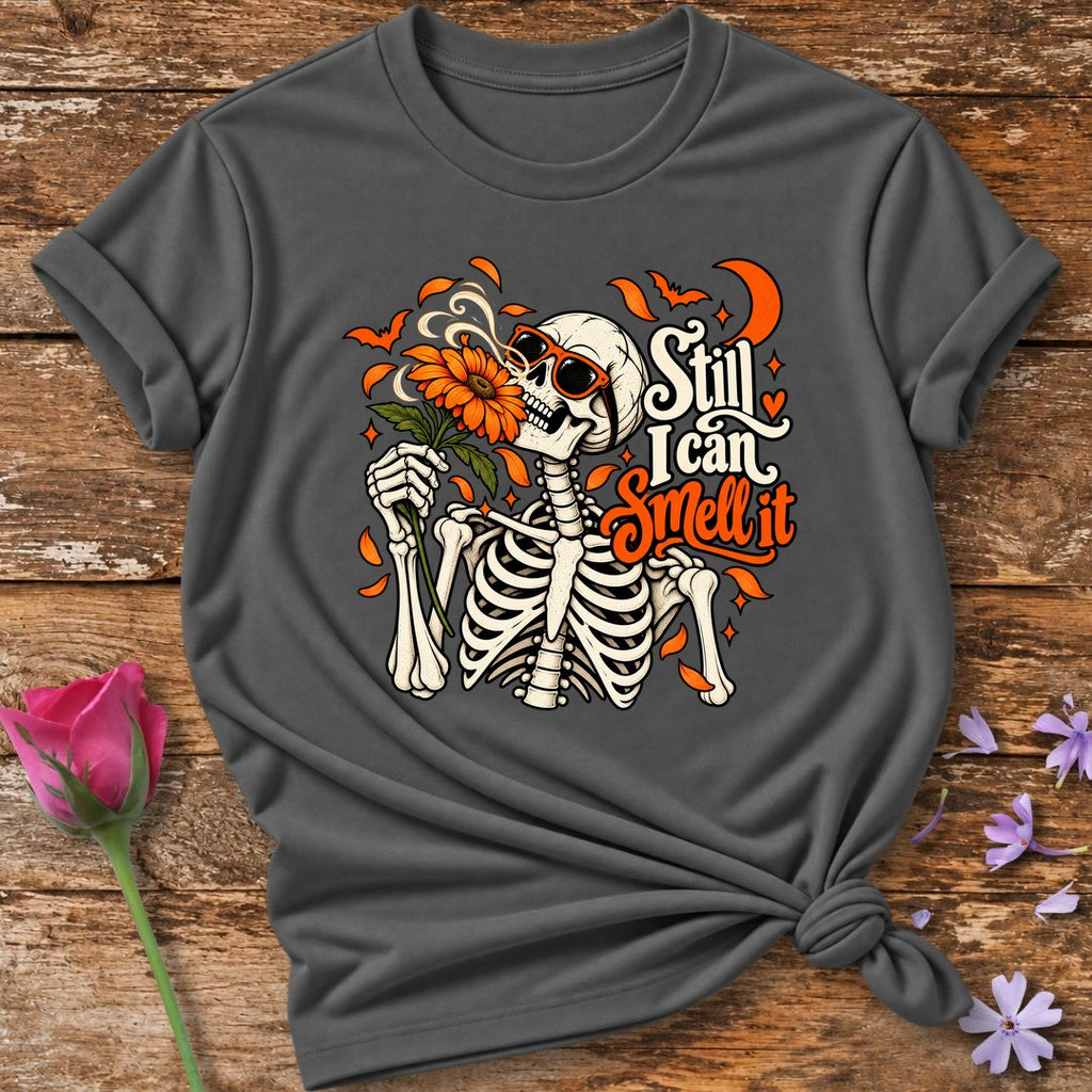 Still I Can Smell It — Halloween Skeleton Floral T-Shirt for Women in Charcoal