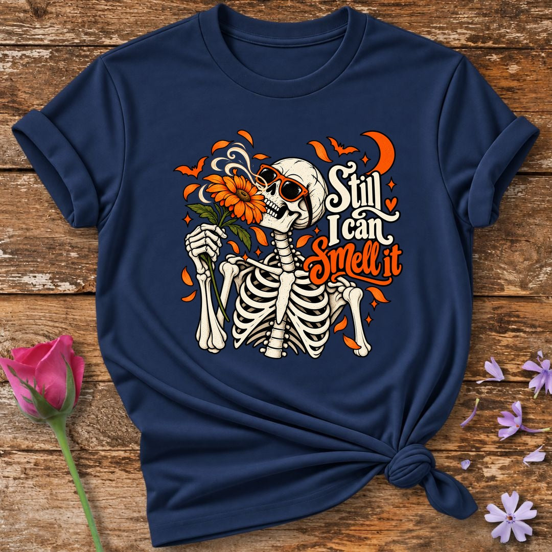 Still I Can Smell It — Halloween Skeleton Floral T-Shirt for Women in Navy