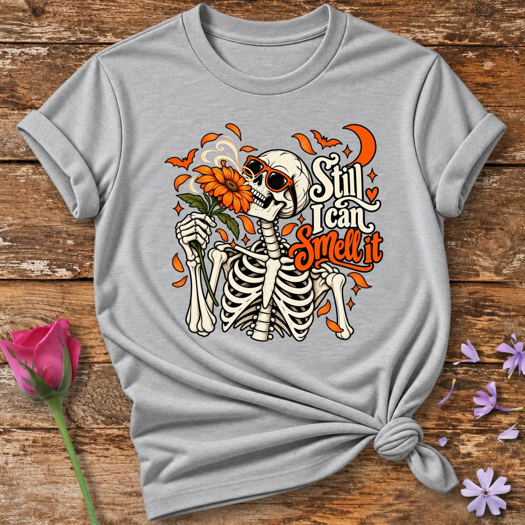 Still I Can Smell It — Halloween Skeleton Floral T-Shirt for Women in Sport Grey