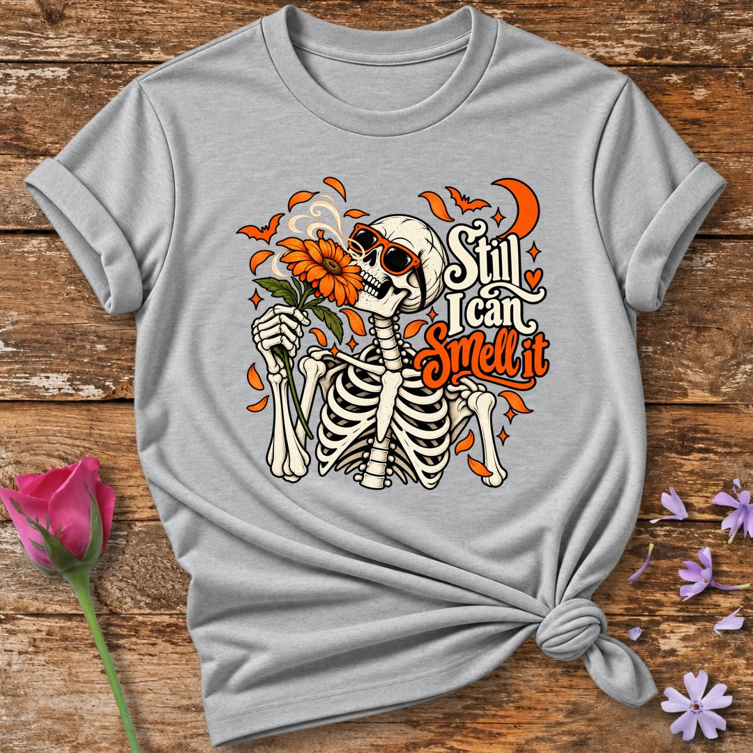 Still I Can Smell It — Halloween Skeleton Floral T-Shirt for Women in Sport Grey