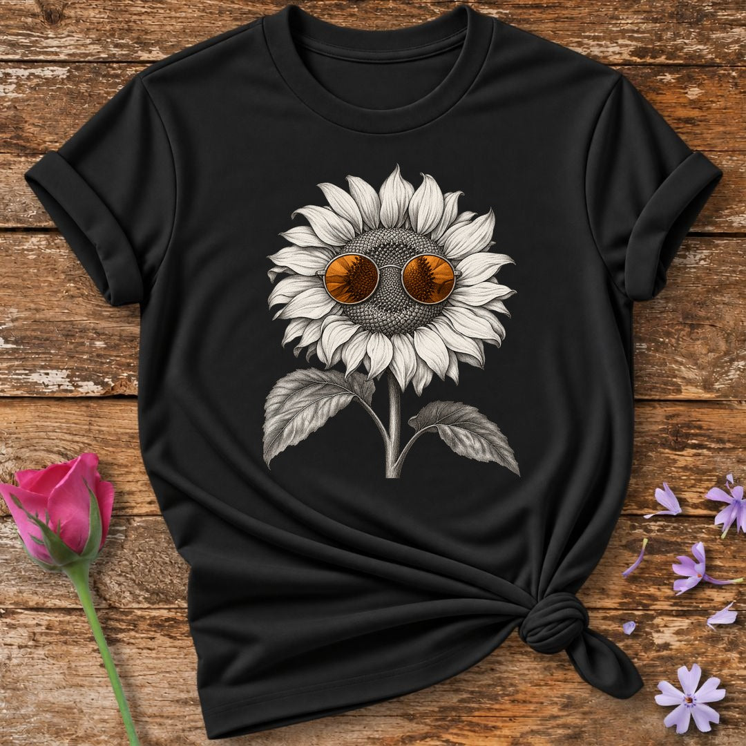 Sunflower in Sunglasses — Monochrome Botanical Humor T-Shirt for Women in Black