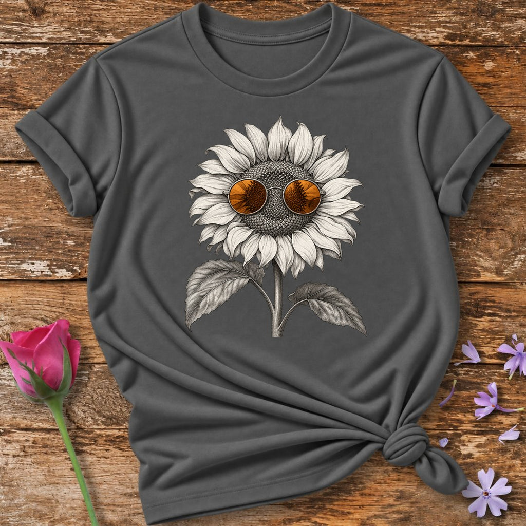 Sunflower in Sunglasses — Monochrome Botanical Humor T-Shirt for Women in Charcoal
