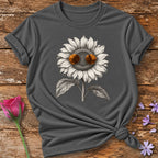 Sunflower in Sunglasses — Monochrome Botanical Humor T-Shirt for Women in Charcoal