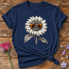 Sunflower in Sunglasses — Monochrome Botanical Humor T-Shirt for Women in Navy