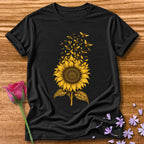 Sunflower Swarm — Monochrome Botanical T-Shirt for Women in Black