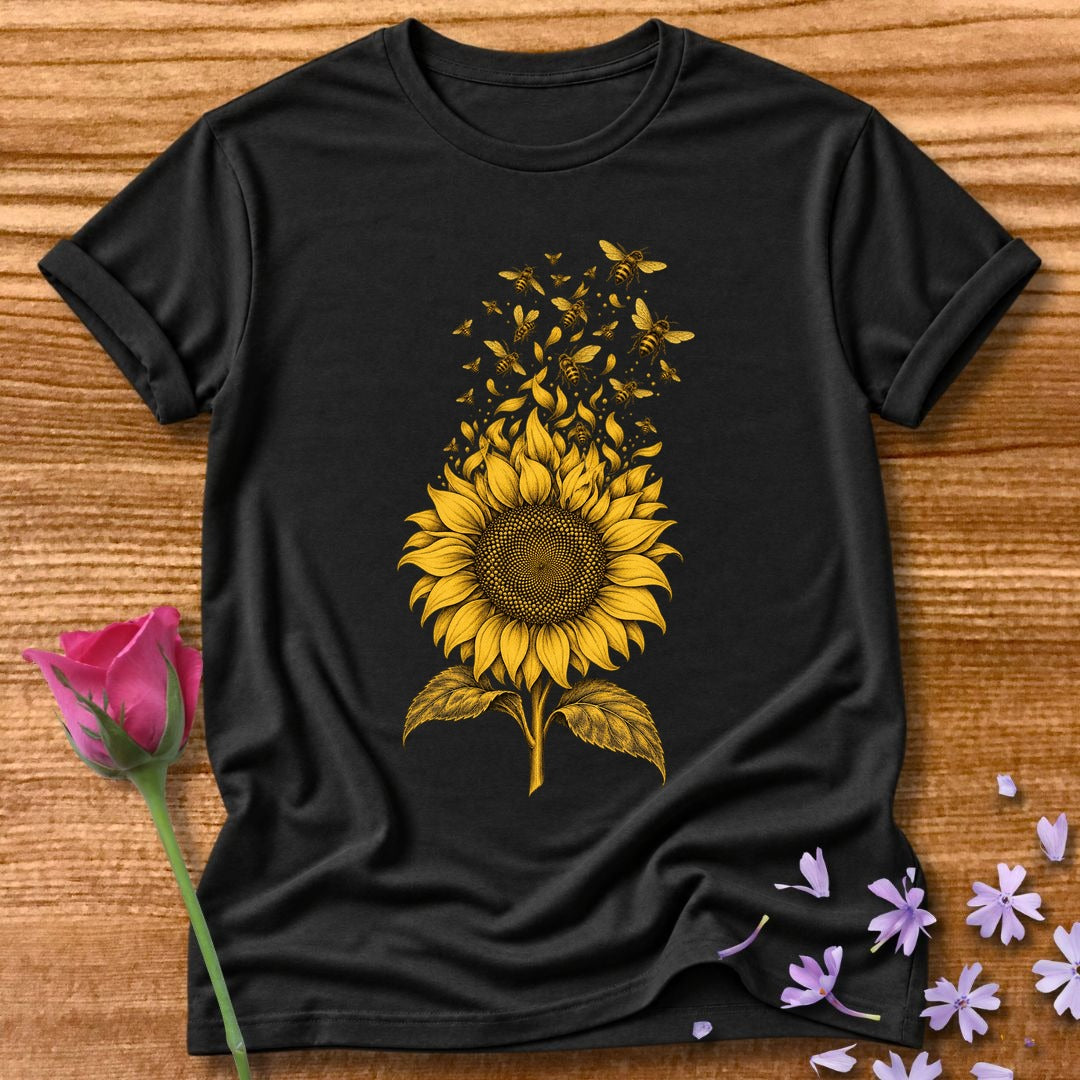 Sunflower Swarm — Monochrome Botanical T-Shirt for Women in Black