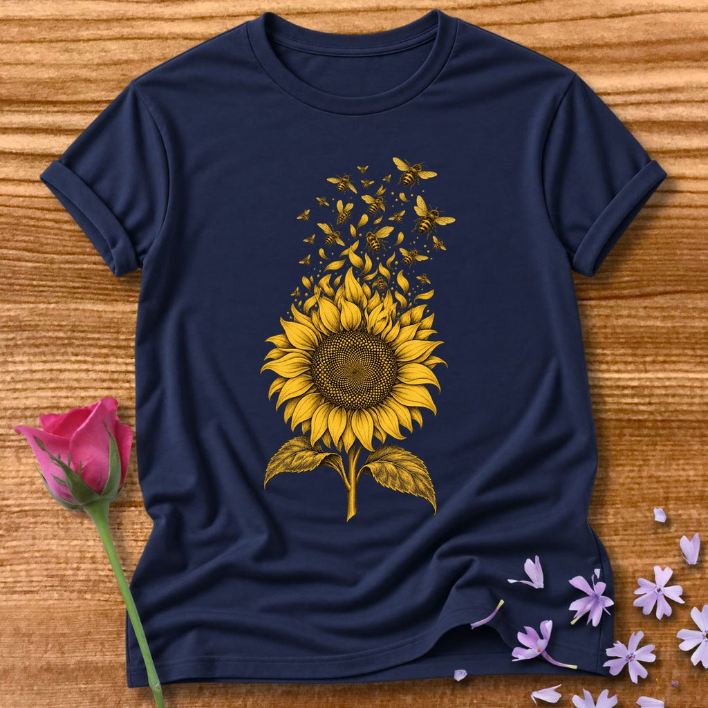 Sunflower Swarm — Monochrome Botanical T-Shirt for Women in Navy