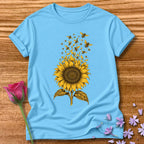 Sunflower Swarm — Monochrome Botanical T-Shirt for Women in Sky