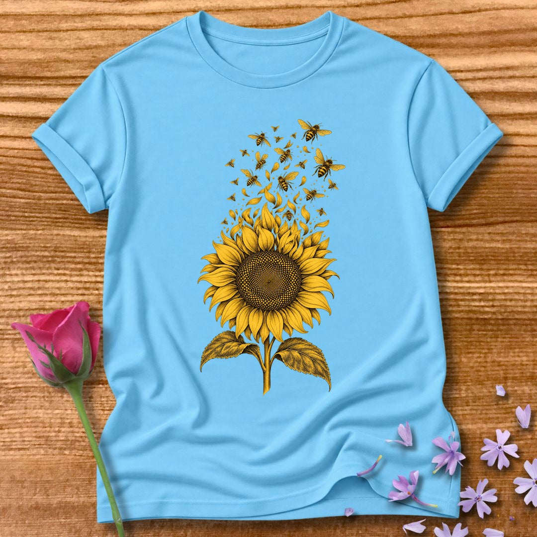 Sunflower Swarm — Monochrome Botanical T-Shirt for Women in Sky