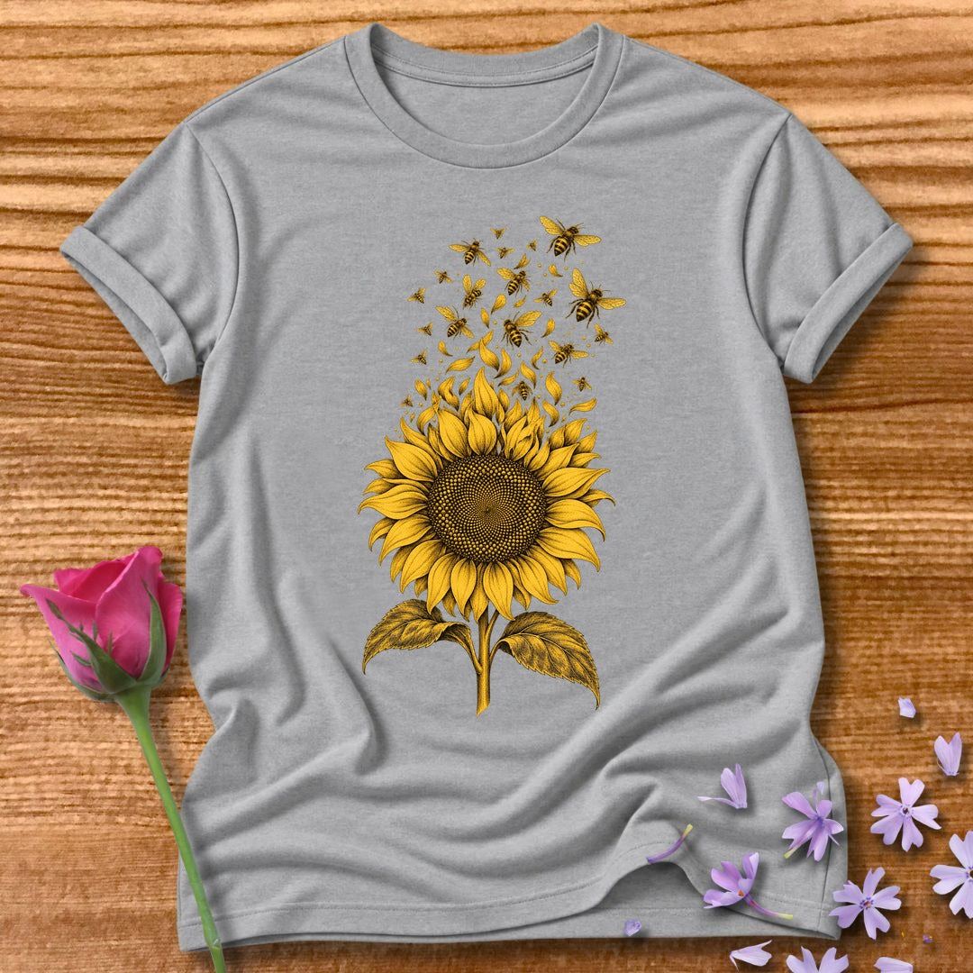 Sunflower Swarm — Monochrome Botanical T-Shirt for Women in Sport Grey
