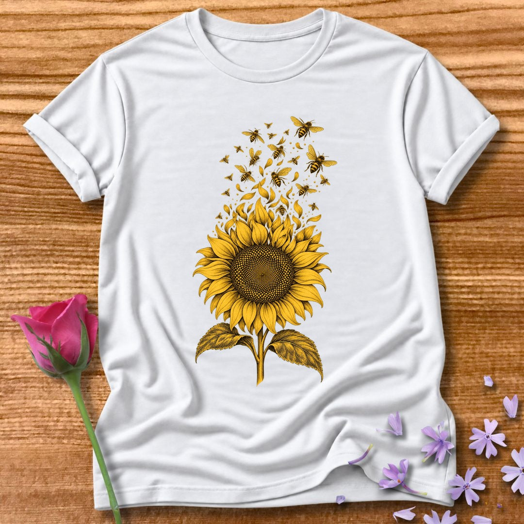 Sunflower Swarm — Monochrome Botanical T-Shirt for Women in White