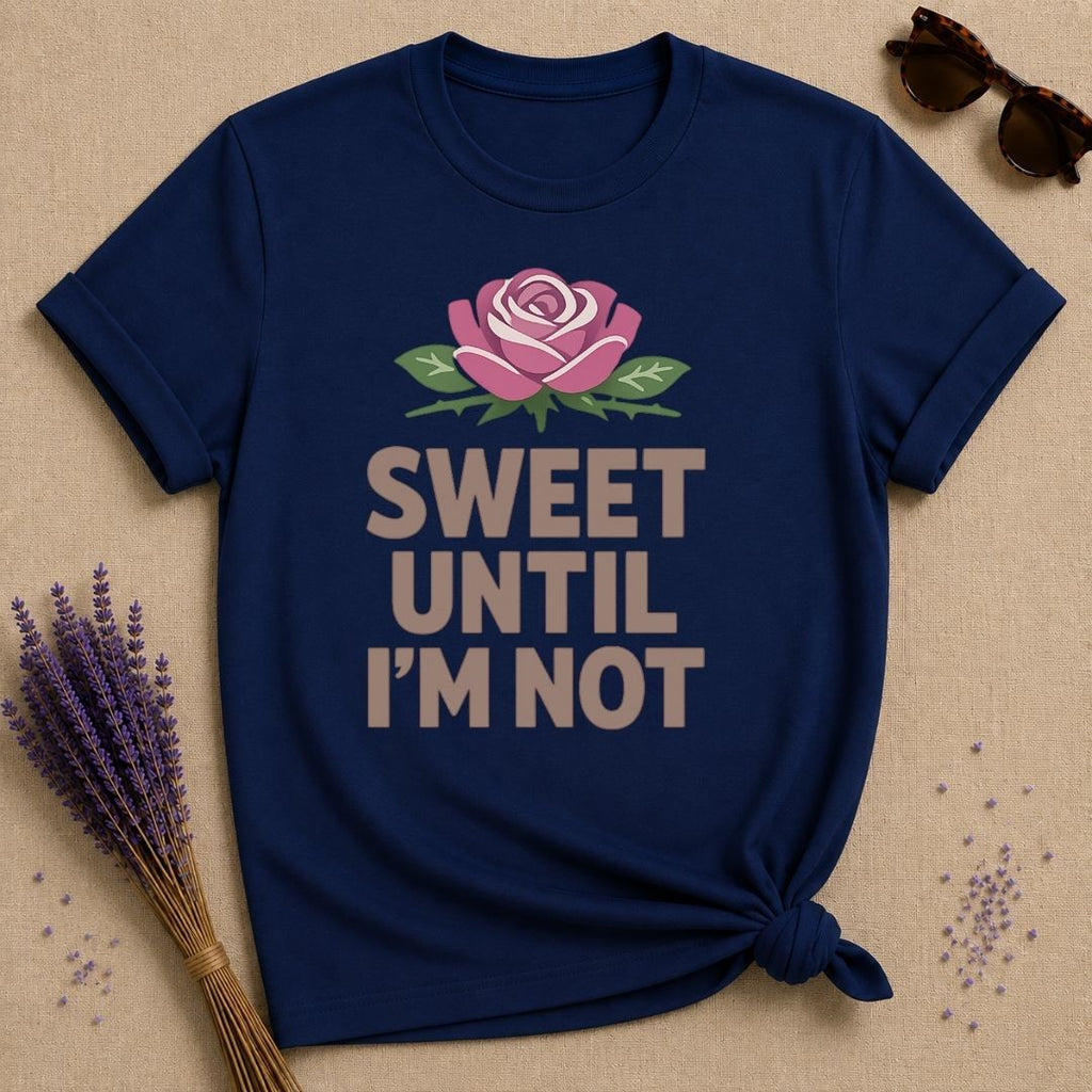 Sweet Until I'm Not — Flat Vector Rose T-Shirt for Women in Navy