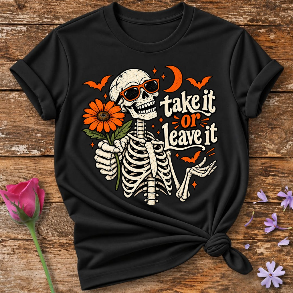 Take It Or Leave It — Halloween Skeleton Floral T-Shirt for Women in Black