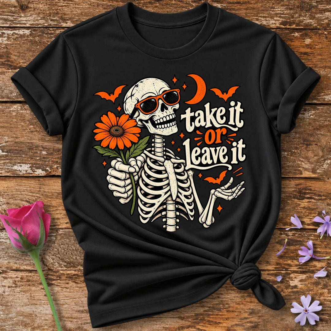 Take It Or Leave It — Halloween Skeleton Floral T-Shirt for Women in Black