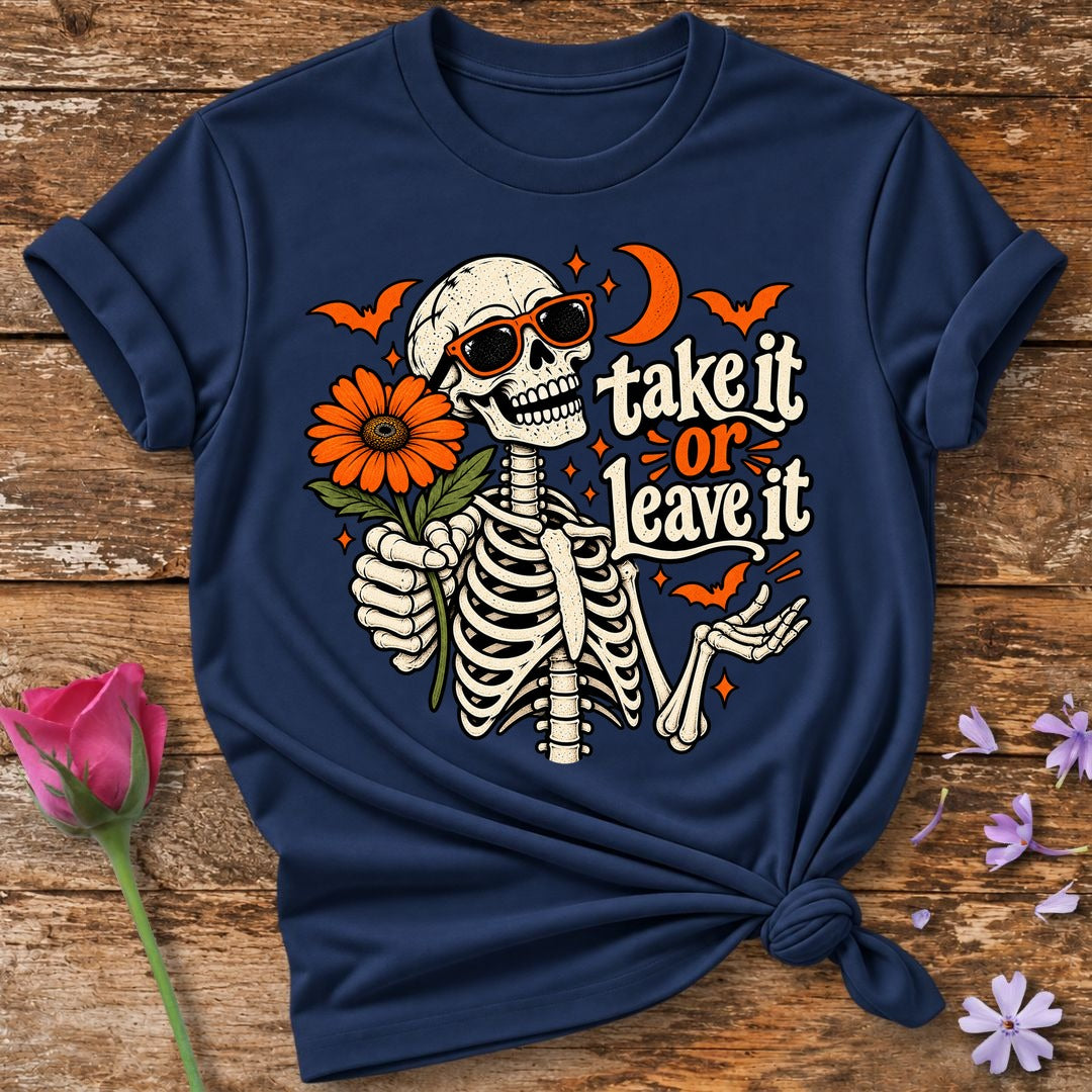 Take It Or Leave It — Halloween Skeleton Floral T-Shirt for Women in Navy