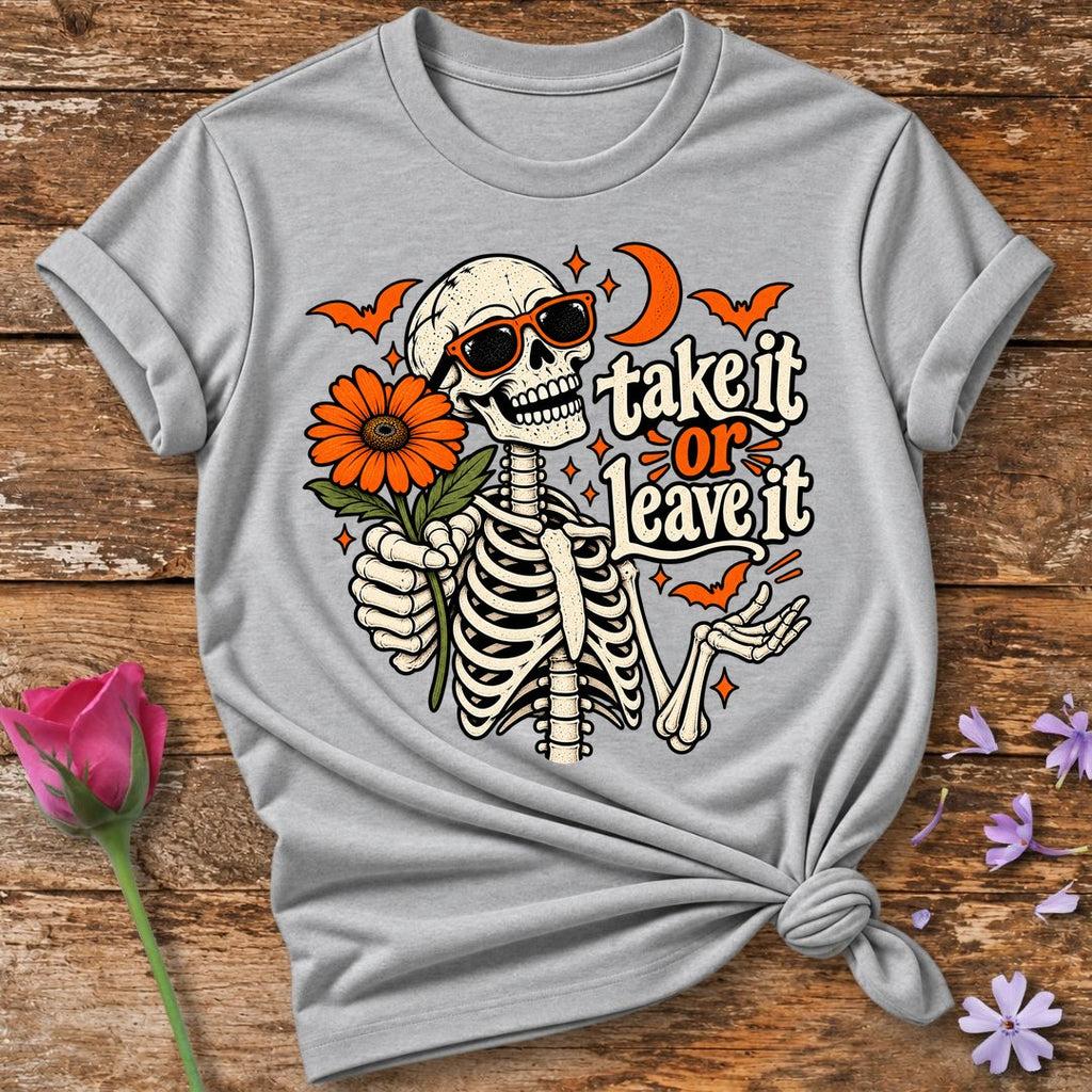 Take It Or Leave It — Halloween Skeleton Floral T-Shirt for Women in Sport Grey