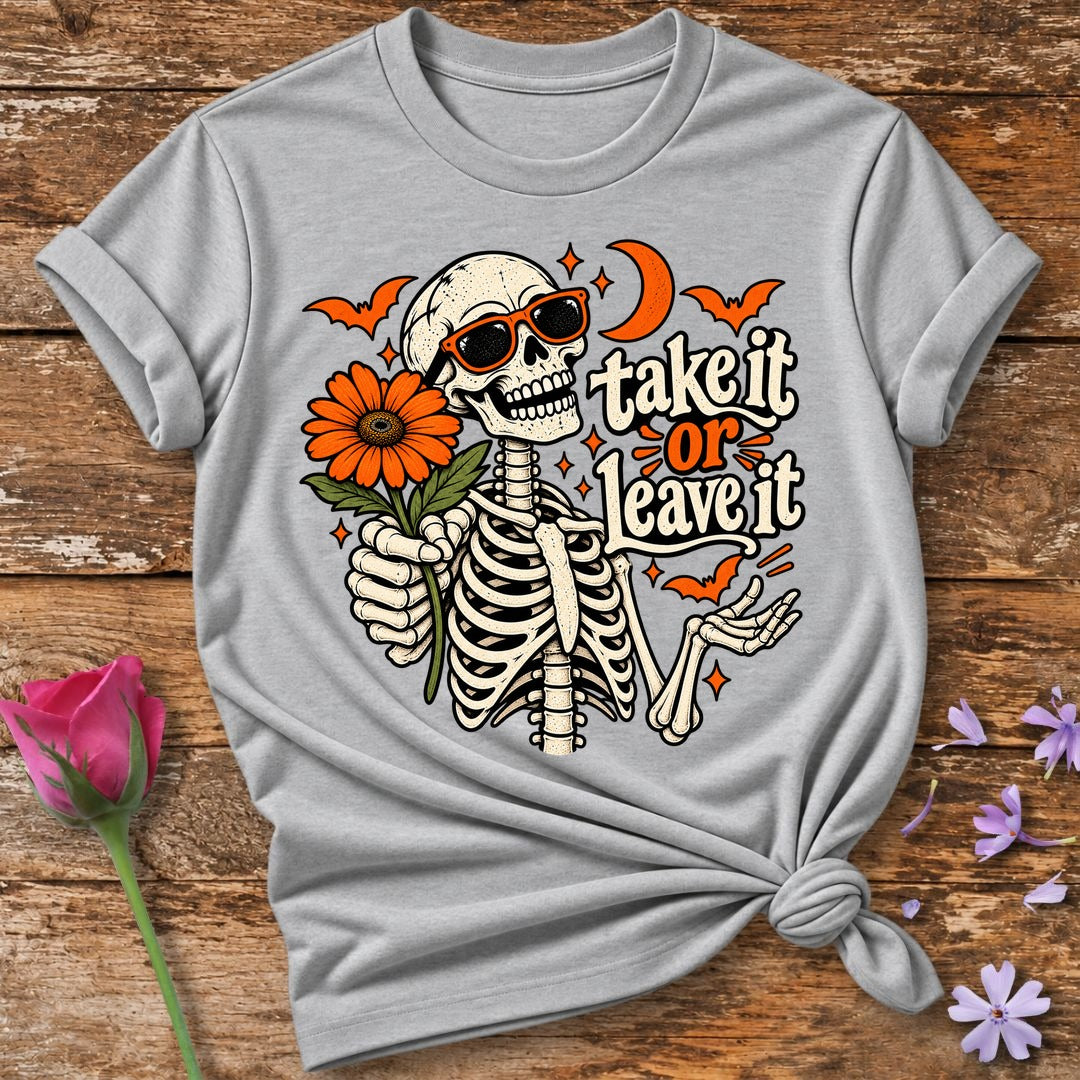 Take It Or Leave It — Halloween Skeleton Floral T-Shirt for Women in Sport Grey