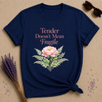 Tender Doesn't Mean Fragile — Watercolor Peony Botanical T-Shirt for Women in Navy