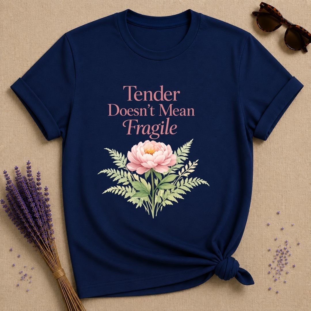 Tender Doesn't Mean Fragile — Watercolor Peony Botanical T-Shirt for Women in Navy