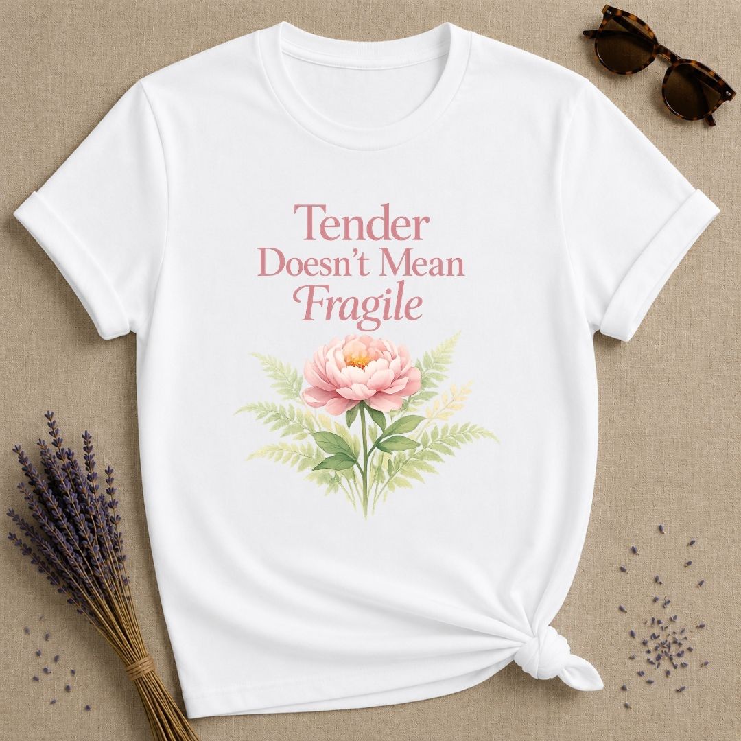 Tender Doesn't Mean Fragile — Watercolor Peony Botanical T-Shirt for Women in White