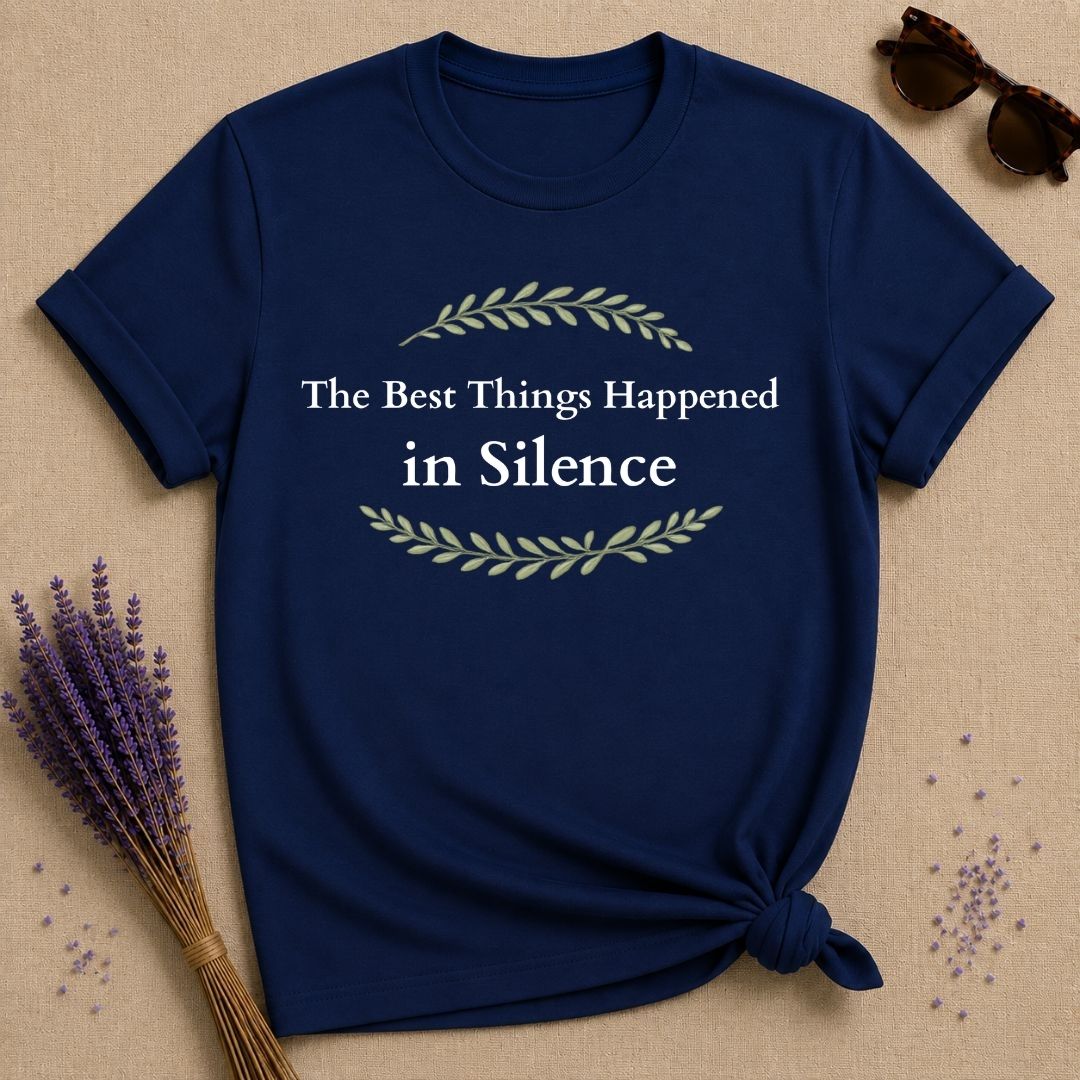 The Best Things Happened in Silence — Botanical Laurel T-Shirt for Women in Navy