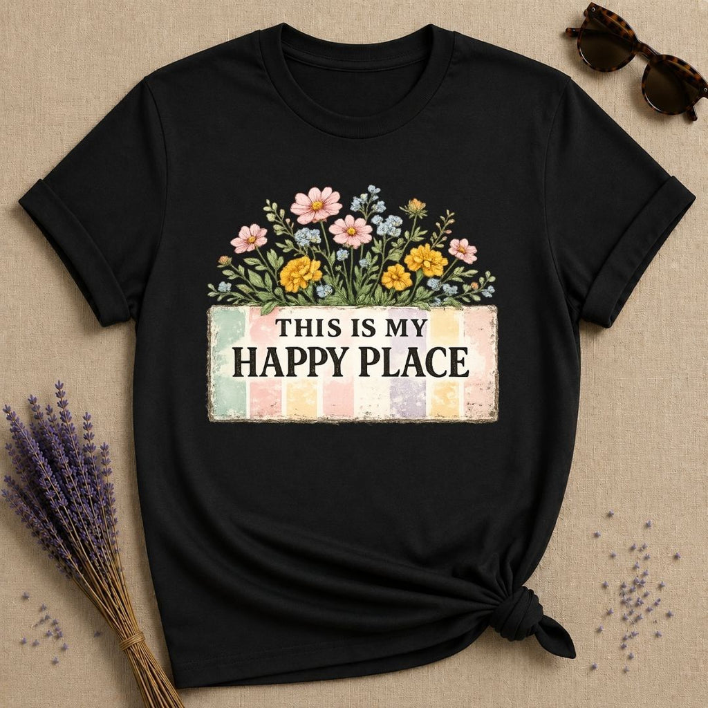 This Is My Happy Place — Wildflower Bouquet Stripe T-Shirt for Women in Black