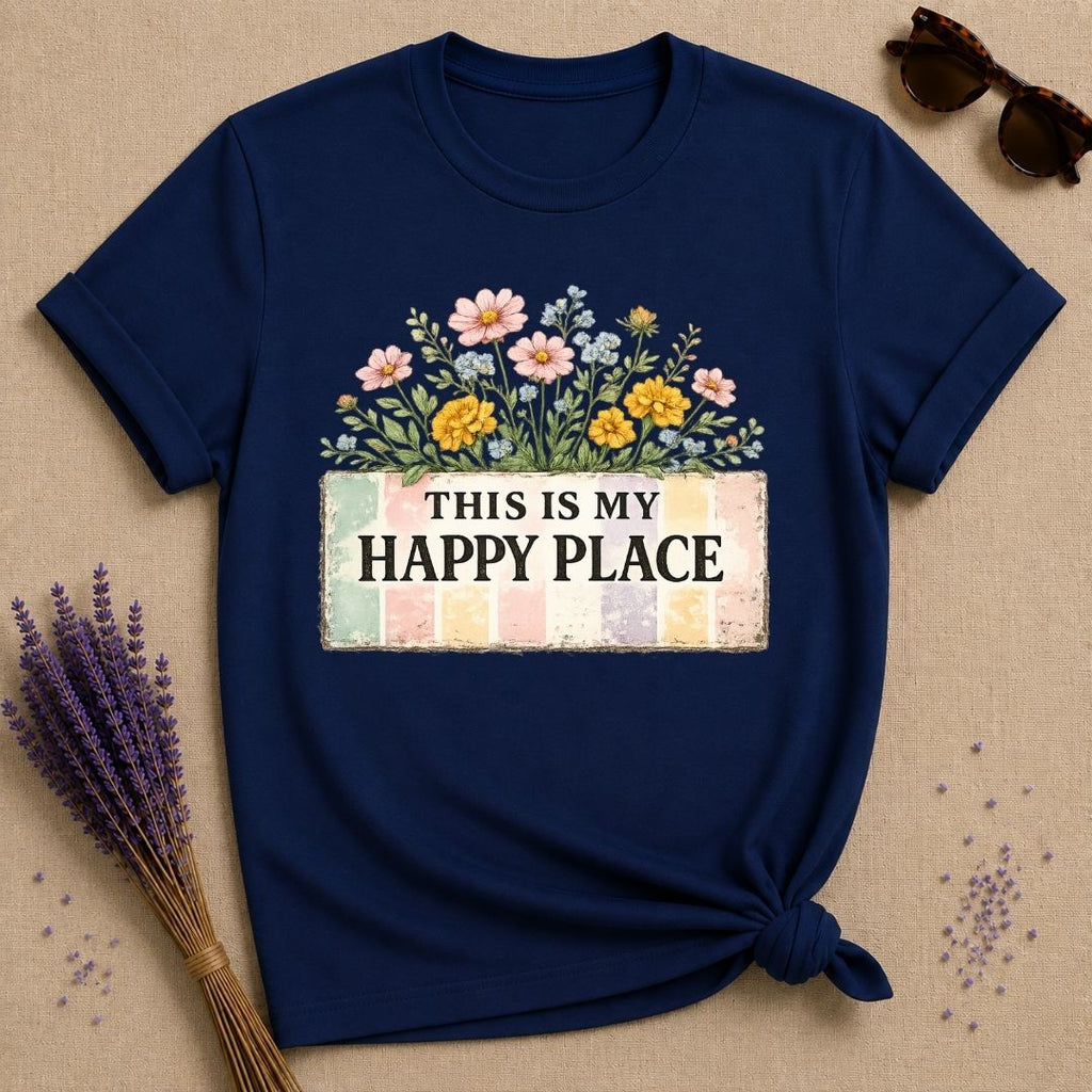 This Is My Happy Place — Wildflower Bouquet Stripe T-Shirt for Women in Navy