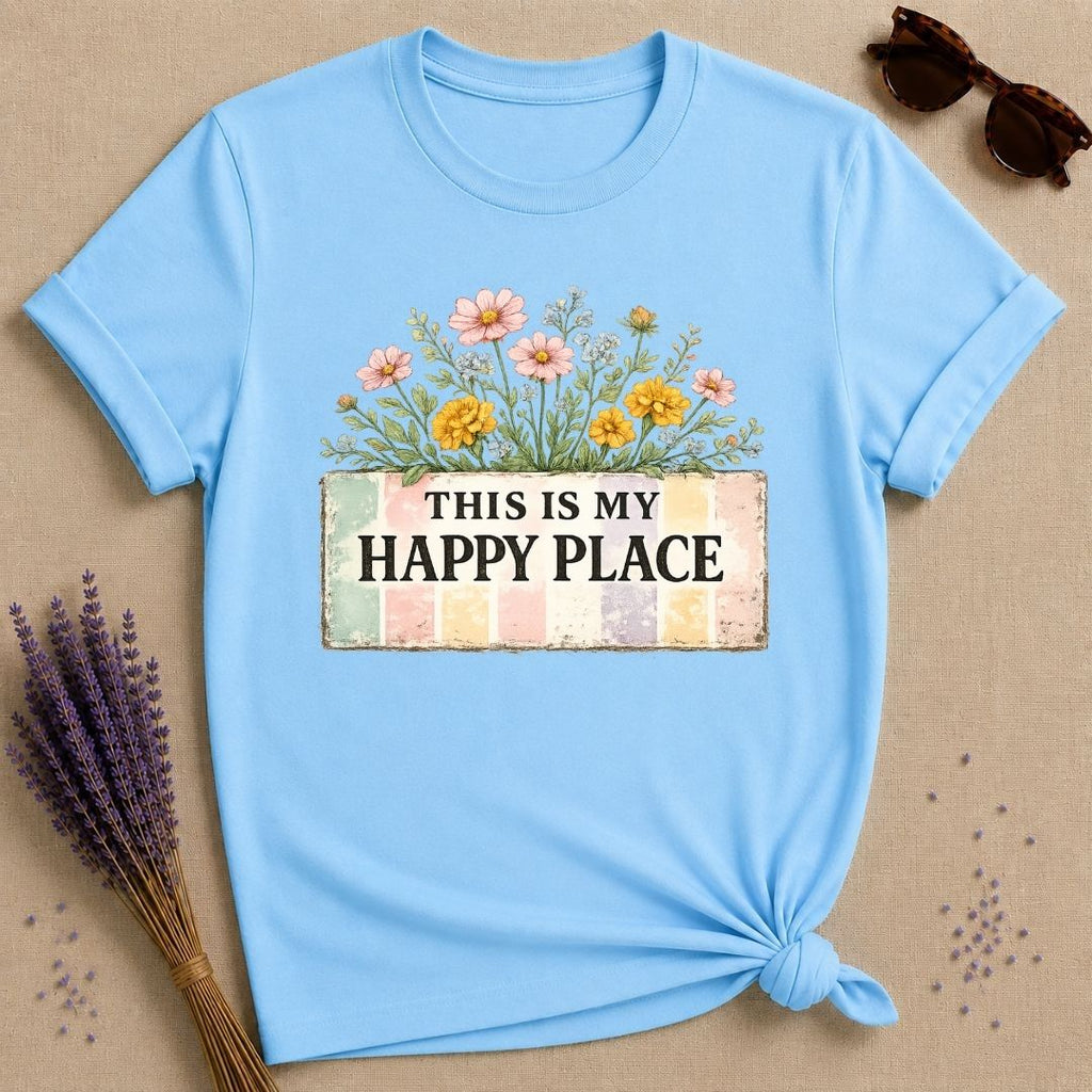 This Is My Happy Place — Wildflower Bouquet Stripe T-Shirt for Women in Sky