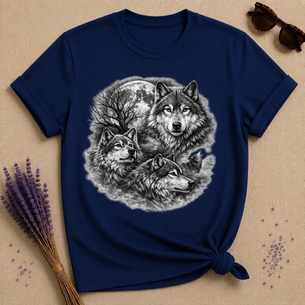 Three Wolves Under the Moon — Washed Out Vintage T-Shirt for Women in Navy