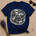 Three Wolves Under the Moon — Washed Out Vintage T-Shirt for Women in Navy