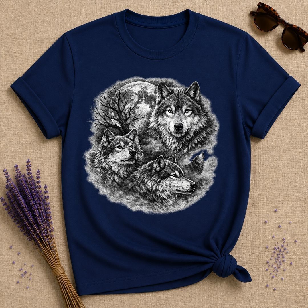 Three Wolves Under the Moon — Washed Out Vintage T-Shirt for Women in Navy