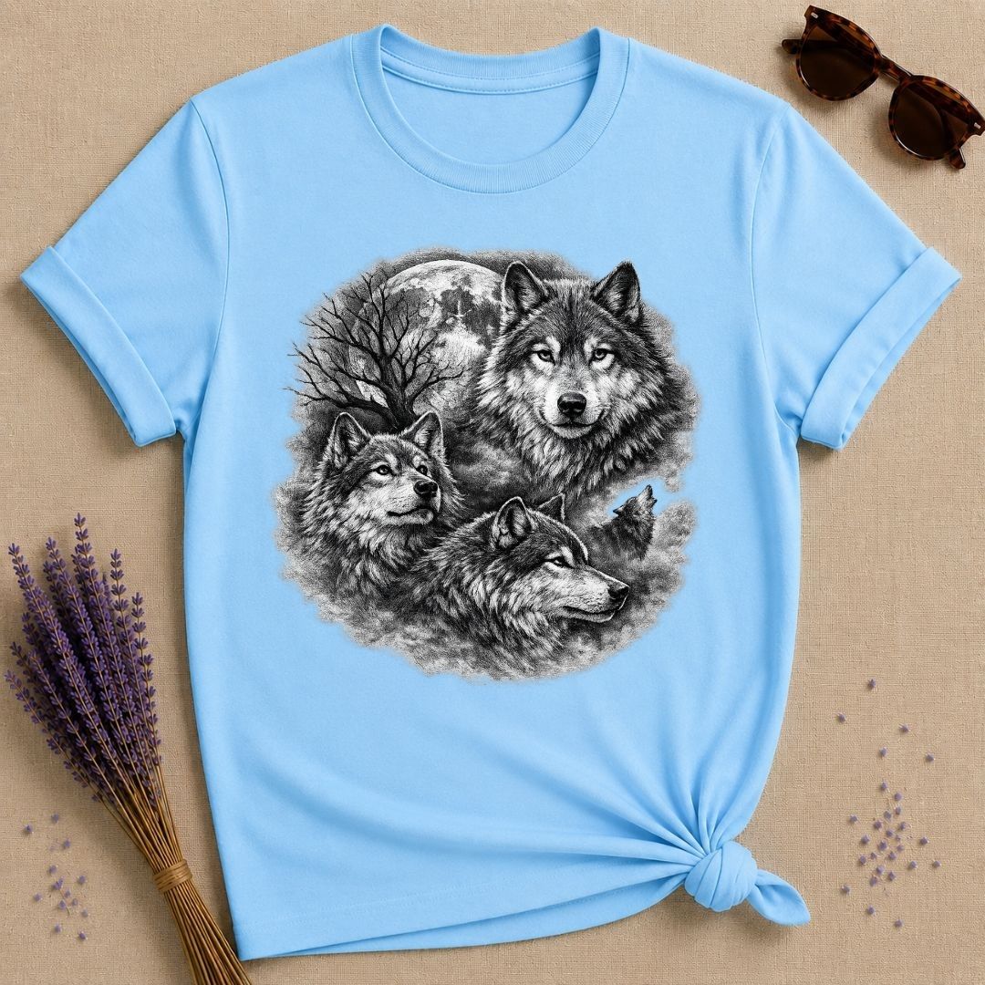 Three Wolves Under the Moon — Washed Out Vintage T-Shirt for Women in Sky
