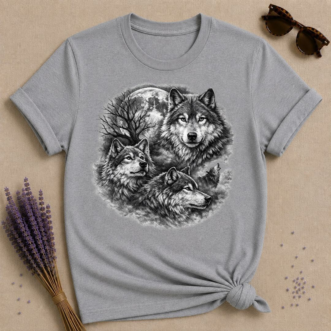 Three Wolves Under the Moon — Washed Out Vintage T-Shirt for Women in Sport Grey