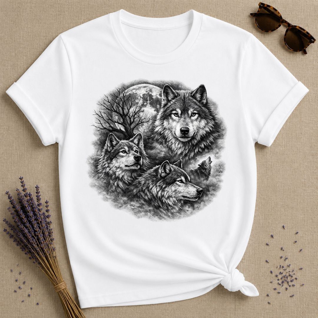 Three Wolves Under the Moon — Washed Out Vintage T-Shirt for Women in White