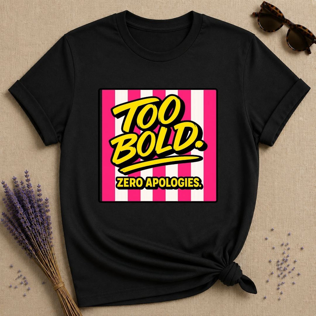 Too Bold Zero Apologies — Pink Stripe Bold Typography T-Shirt for Women in Black