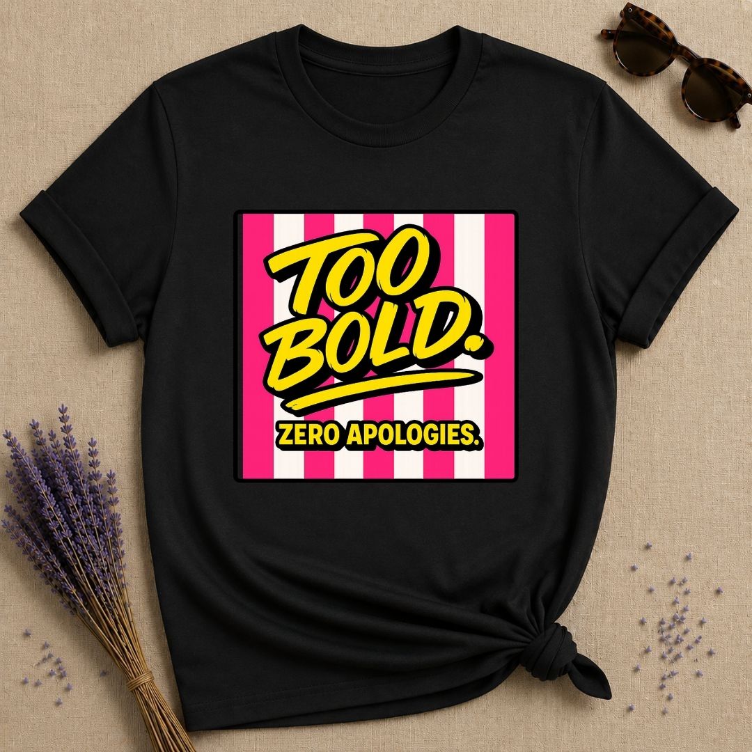 Too Bold Zero Apologies — Pink Stripe Bold Typography T-Shirt for Women in Black