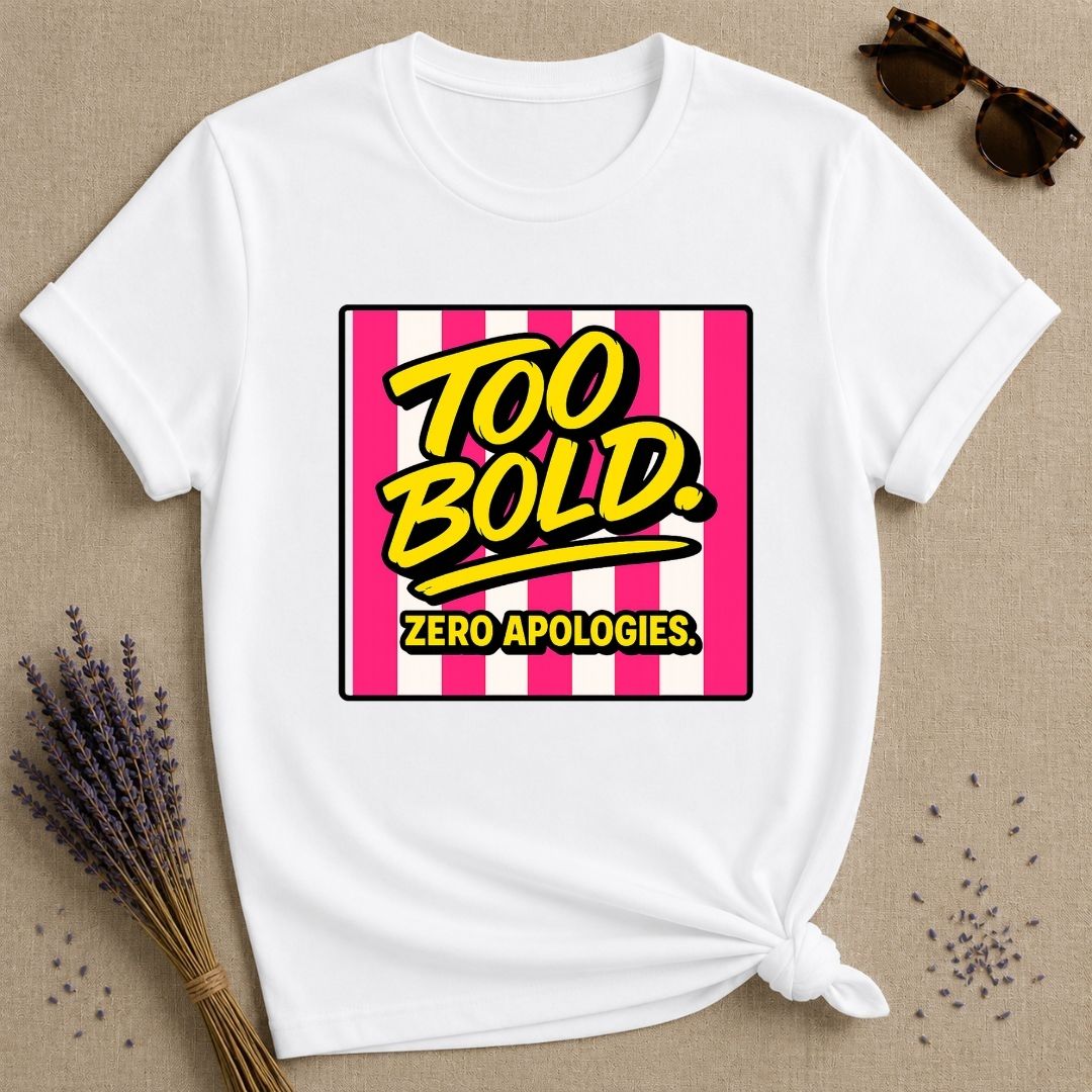 Too Bold Zero Apologies — Pink Stripe Bold Typography T-Shirt for Women in White
