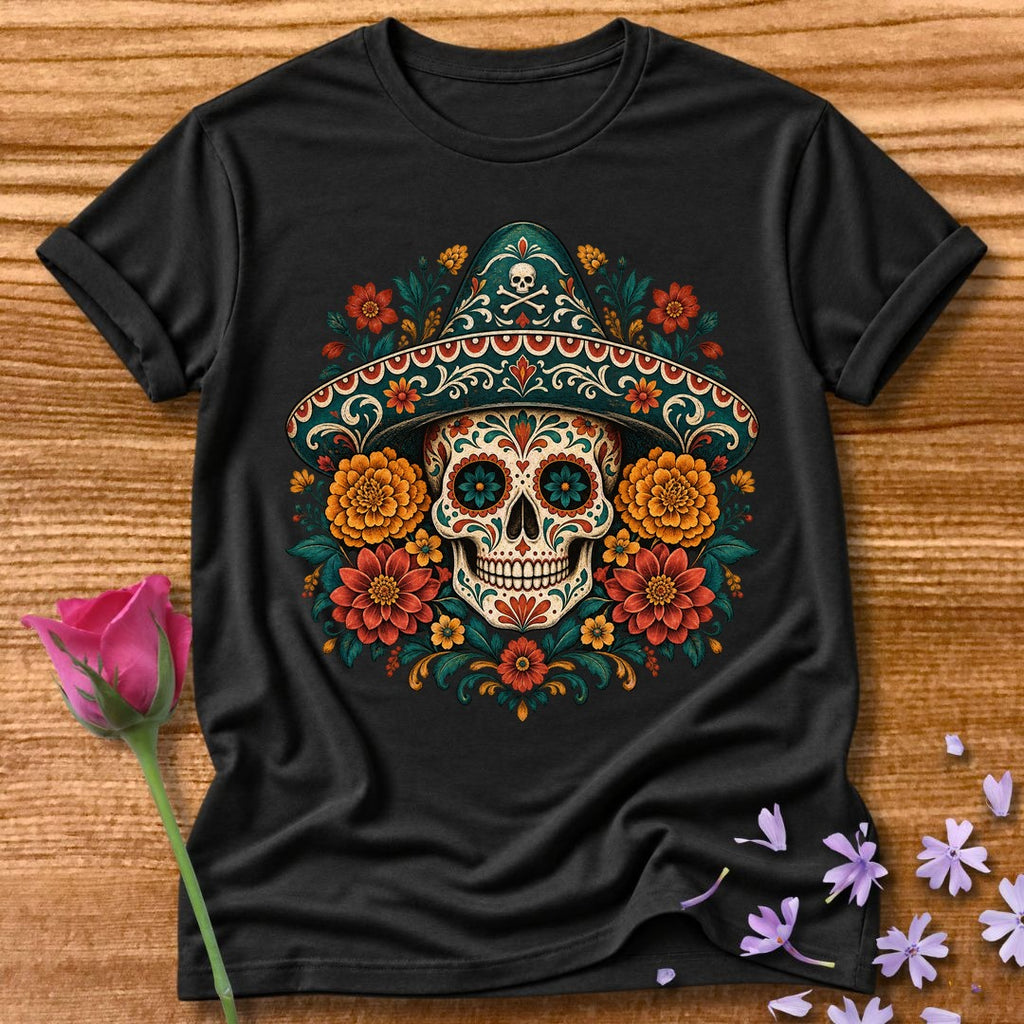 Too Dead To Care — Ornate Folk-Art Skull T-Shirt for Women in Black