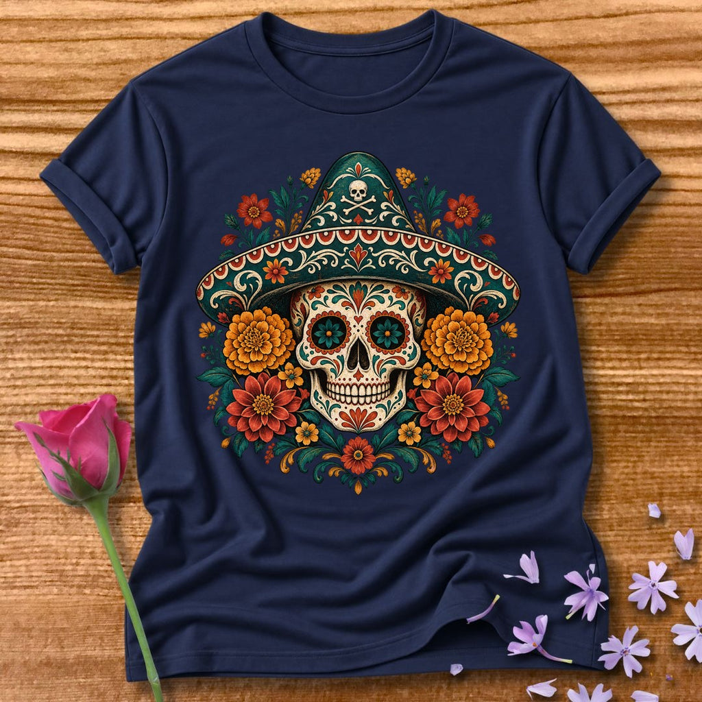 Too Dead To Care — Ornate Folk-Art Skull T-Shirt for Women in Navy