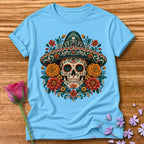 Too Dead To Care — Ornate Folk-Art Skull T-Shirt for Women in Sky