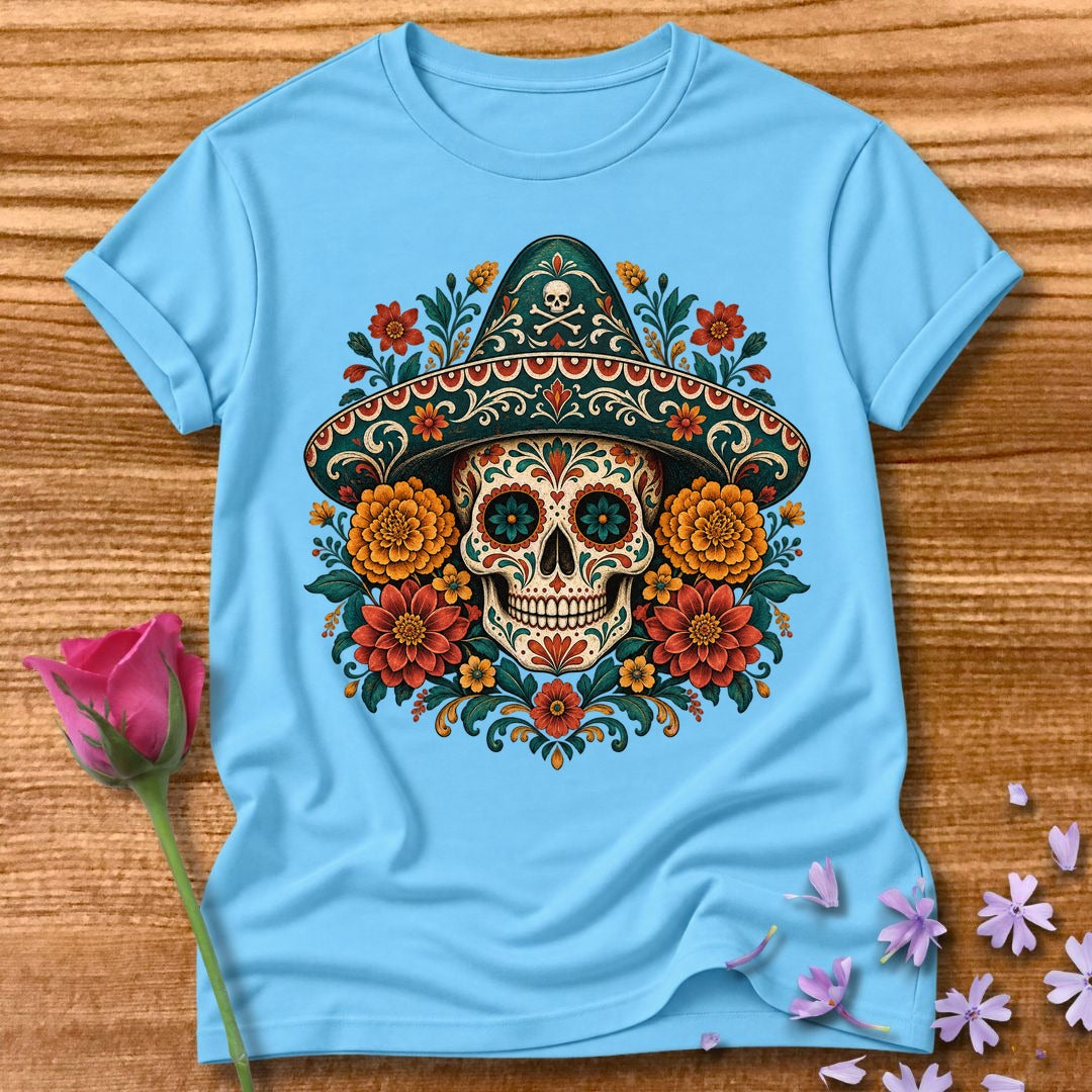 Too Dead To Care — Ornate Folk-Art Skull T-Shirt for Women in Sky