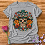 Too Dead To Care — Ornate Folk-Art Skull T-Shirt for Women in Sport Grey