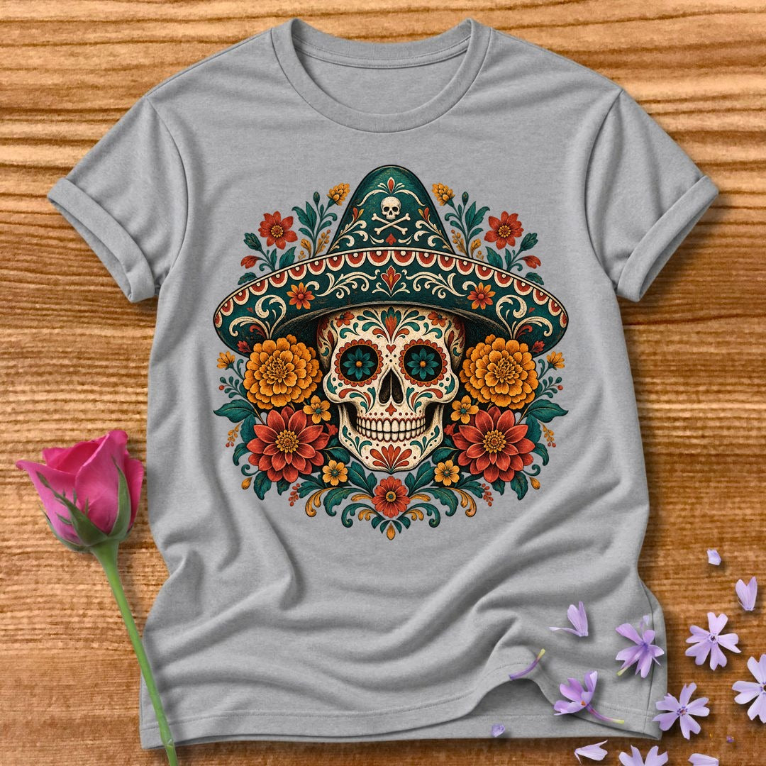 Too Dead To Care — Ornate Folk-Art Skull T-Shirt for Women in Sport Grey