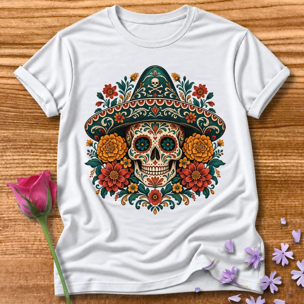 Too Dead To Care — Ornate Folk-Art Skull T-Shirt for Women in White