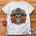Too Dead To Care — Ornate Folk-Art Skull T-Shirt for Women in White