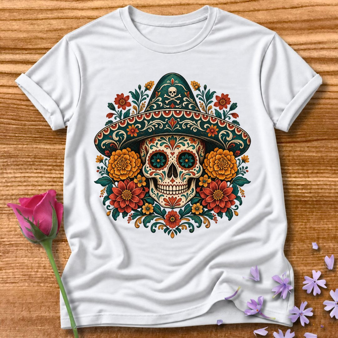 Too Dead To Care — Ornate Folk-Art Skull T-Shirt for Women in White