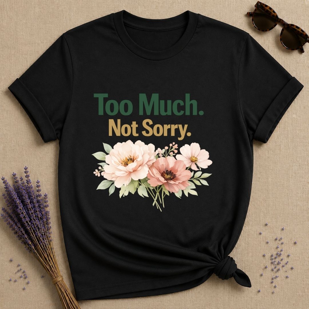 Too Much Not Sorry — Watercolor Peony Floral Attitude T-Shirt for Women in Black