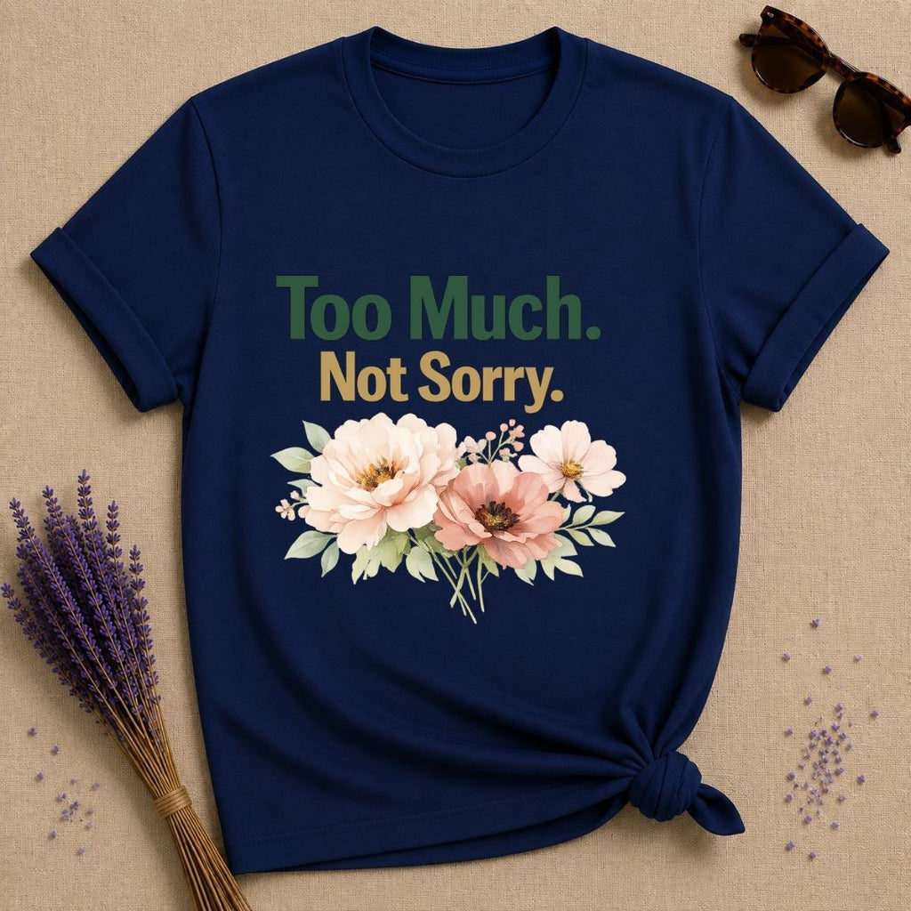 Too Much Not Sorry — Watercolor Peony Floral Attitude T-Shirt for Women in Navy