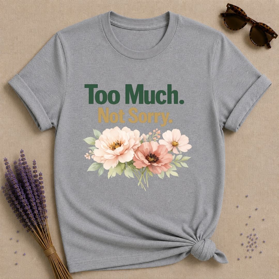 Too Much Not Sorry — Watercolor Peony Floral Attitude T-Shirt for Women in Sport Grey
